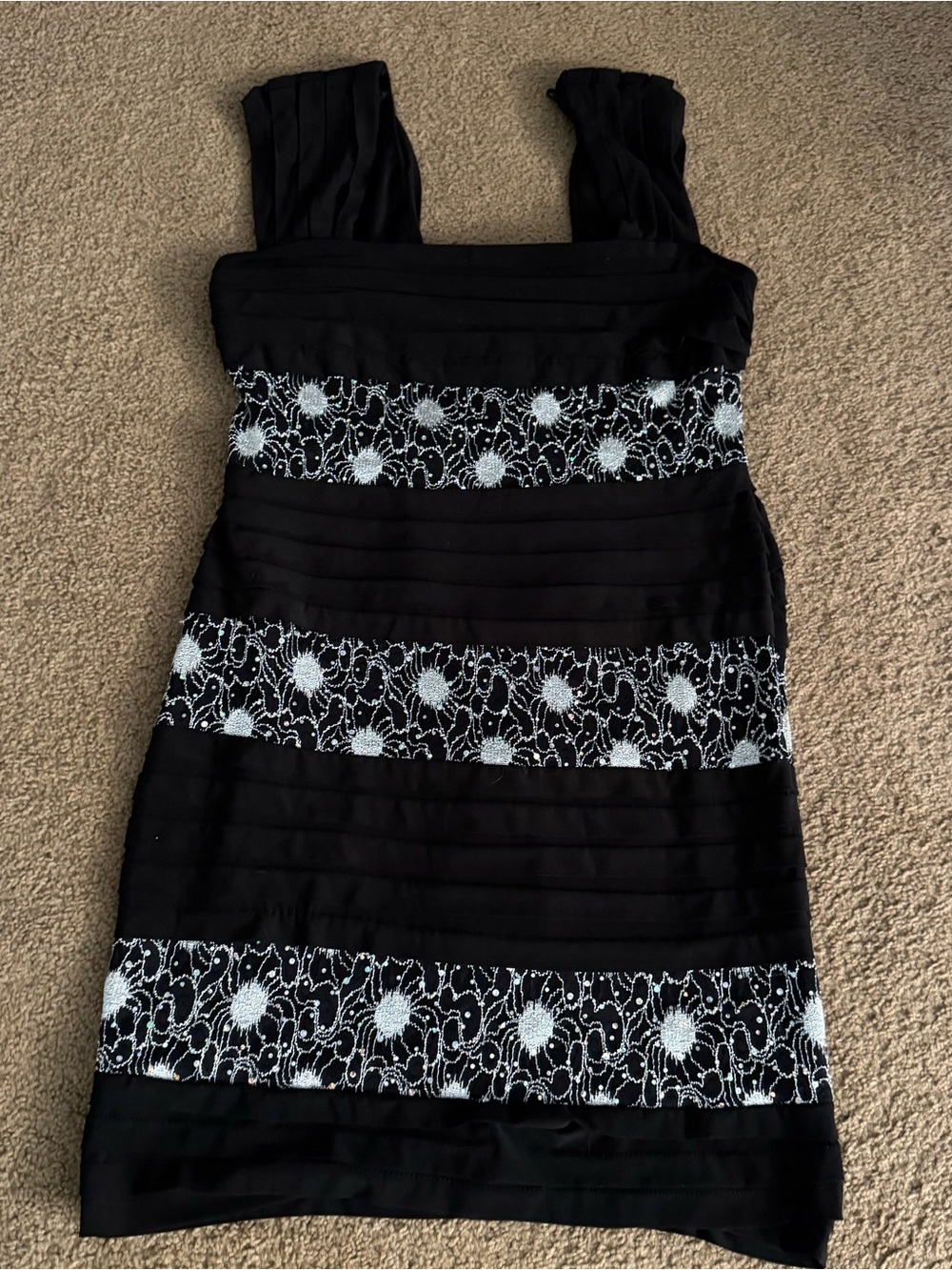 R&M Richards Black Mini Dress with White Floral Lace Bands